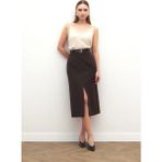 Sateen Anna Yırtmaçlı Etek - Kahve - 42