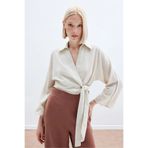 Sateen Bağlamalı Keten Bluz - Bej