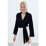 Sateen Bağlamalı Keten Bluz - Siyah