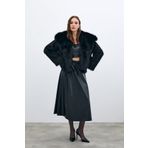 Sateen Bel Lastikli Deri Etek - Siyah