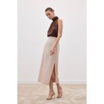 Sateen Bel Pile Detaylı Saten Etek - Bej - 36