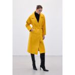 Sateen Beli Bağlamalı Uzun Kaban - Sarı - 38