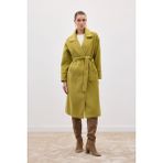 Sateen Beli Bağlamalı Uzun Kaban - Yağ Yeşili - 40