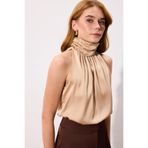 Sateen Boğazlı Kolsuz Bluz, 40, STN139KBL1148, Camel, Kadın