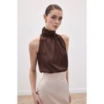 Sateen Boğazlı Kolsuz Bluz, 42, STN139KBL1148, Kahve, Kadın