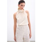 Sateen Boğazlı Kolsuz Bluz - Bej