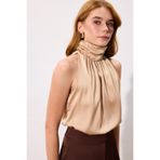 Sateen Boğazlı Kolsuz Bluz - Camel