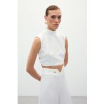 Sateen Çıt Çıt Detaylı Crop Bluz - EKRU