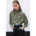 Sateen Degaje Yaka Desenli Bluz - Haki