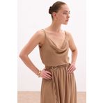 Sateen Degaje Yaka Dökümlü Bluz - Vizon