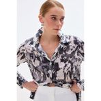Sateen Desenli Düz Kesim Gömlek, 42, STN139KGO1938, Siyah, Kadın
