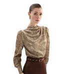 Sateen Drape Detaylı Desenli Bluz, 36, STN139KBL1937, Vizon, Kadın
