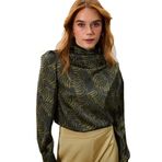 Sateen Drape Detaylı Desenli Bluz, 36, STN139KBL1937, Yeşil, Kadın