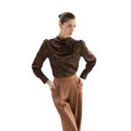 Sateen Drape Detaylı Desenli Bluz, 38, STN139KBL1937, Kahve, Kadın