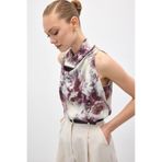 Sateen Drapeli Halter Yaka Desenli Bluz, 42, STN139KBL1981, Mürdüm, Kadın