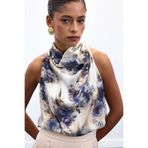 Sateen Drapeli Halter Yaka Desenli Bluz İndigo, 42, STN139KBL1981, İndigo, Kadın