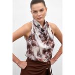 Sateen Drapeli Halter Yaka Desenli Bluz - Kahve
