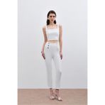 Sateen Düğme Detaylı Pantolon, 40, STN139KPA1208, Ekru, Kadın