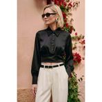 Sateen Düğme Detaylı Saten Bluz - Siyah