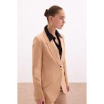 Sateen Düğme Detaylı Uzun Ceket, 38, STN139KCE881, Camel, Kadın