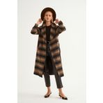 Sateen Ekose Desenli Kuşaklı Kaban - Siyah-Camel