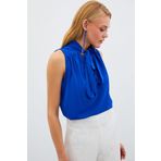 Sateen Fularlı Kolsuz Bluz - Sax Mavi