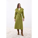 Sateen Geniş Yaka Uzun Kaban - Yeşil - 38