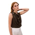 Sateen İnci Broşlu Degaje Bluz, 42, STN139KBL1908, Kahve, Kadın