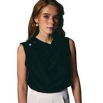 Sateen İnci Broşlu Degaje Bluz, 42, STN139KBL1908, Siyah, Kadın