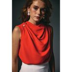 Sateen İnci Broşlu Degaje Bluz - Kırmızı