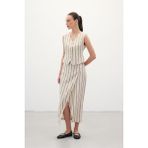 Sateen Kadın Çizgili Keten Etek 1865-4091 - Camel - 36