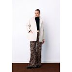 Sateen Kadın Ekru Kaşe Ceket Uzun Kol Midi Boy Düz Desenli Rahat Kullanım - 36