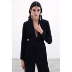 Sateen Kare Desenli Kuşaklı Ceket, 38, STN139KCE1722, Siyah, Kadın