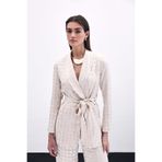 Sateen Kare Desenli Kuşaklı Ceket, 42, STN139KCE1722, Bej, Kadın
