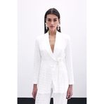 Sateen Kare Desenli Kuşaklı Ceket, 42, STN139KCE1722, Ekru, Kadın
