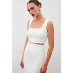 Sateen Kare Yaka Crop Bluz - Ekru
