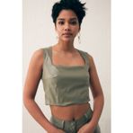 Sateen Kare Yaka Deri Crop Bluz - Çağla Yeşili