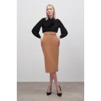 Sateen Kemerli Kalem Etek - Camel - 38
