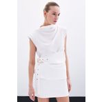 Sateen Kemerli Kolsuz Bluz - Ekru