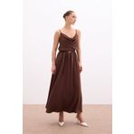 Sateen Kemerli Uzun Etek - Kahve