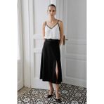 Sateen Kemerli Yırtmaç Detaylı Kloş Etek - Siyah - 40