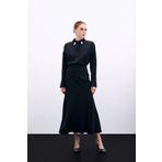 Sateen Kesik Detaylı Saten Etek - Siyah