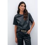 Sateen Kısa Kol Deri Bluz - Siyah