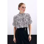 Sateen Kısa Kol Desenli Bluz - Ekru
