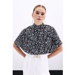 Sateen Kısa Kol Desenli Bluz - Siyah