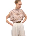 Sateen Kısa Kollu Desenli Bluz, 40, STN139KBL1979, Kahve, Kadın