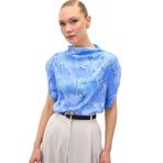 Sateen Kısa Kollu Desenli Bluz, 40, STN139KBL1979, Mavi, Kadın