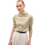 Sateen Kısa Kollu Desenli Bluz, 42, STN139KBL1979, Haki, Kadın