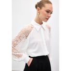Sateen Kolları Dantel Detaylı Gömlek, 42, STN139KGO2139, Ekru, Kadın