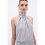 Sateen Kolsuz Parlak Bluz - Gümüş